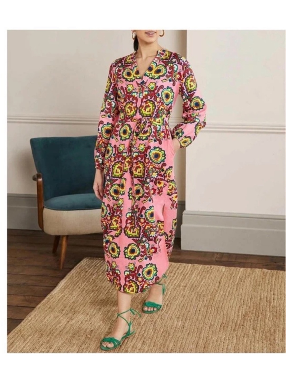 Boden dress NWT US 6 linen dress Pink Floral Print V‑Neck Long Sleeve Midi Dress